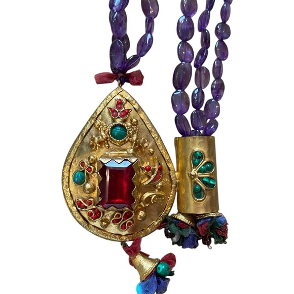 Vintage Turkish Copper Metal Beaded Statement Necklace Rhinestones Purple Long - Picture 4 of 6